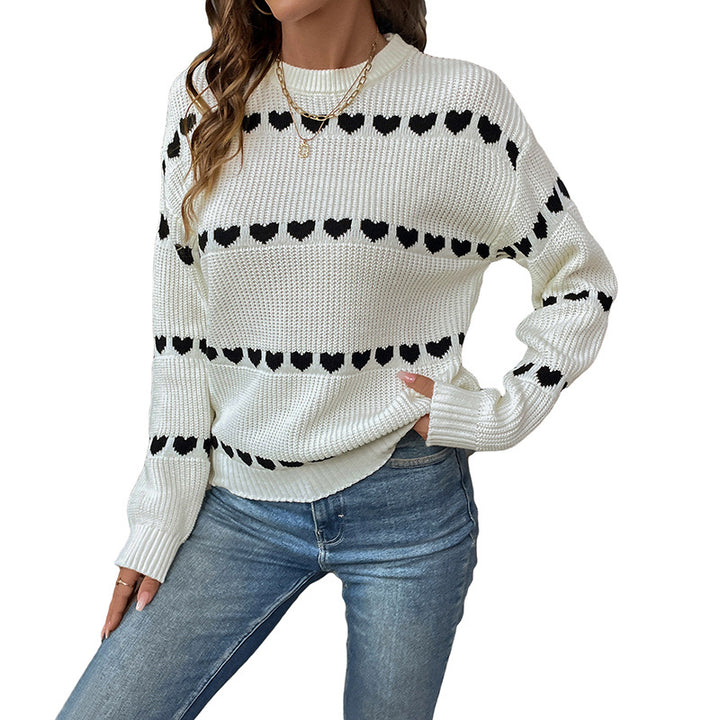 Women's knitted sweater with heart jacquard, oversized round neck & ribbed cuffs Mune Fashion