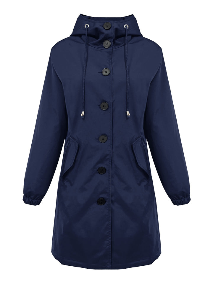 Women nan lightweight rain parka with hood, oversized button placket, drawstring and patch pockets Mune Fashion