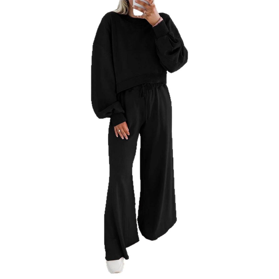 Women's Short Sweater and Palazzo Pants Lounge Set with Balloon Sleeves Mune Fashion