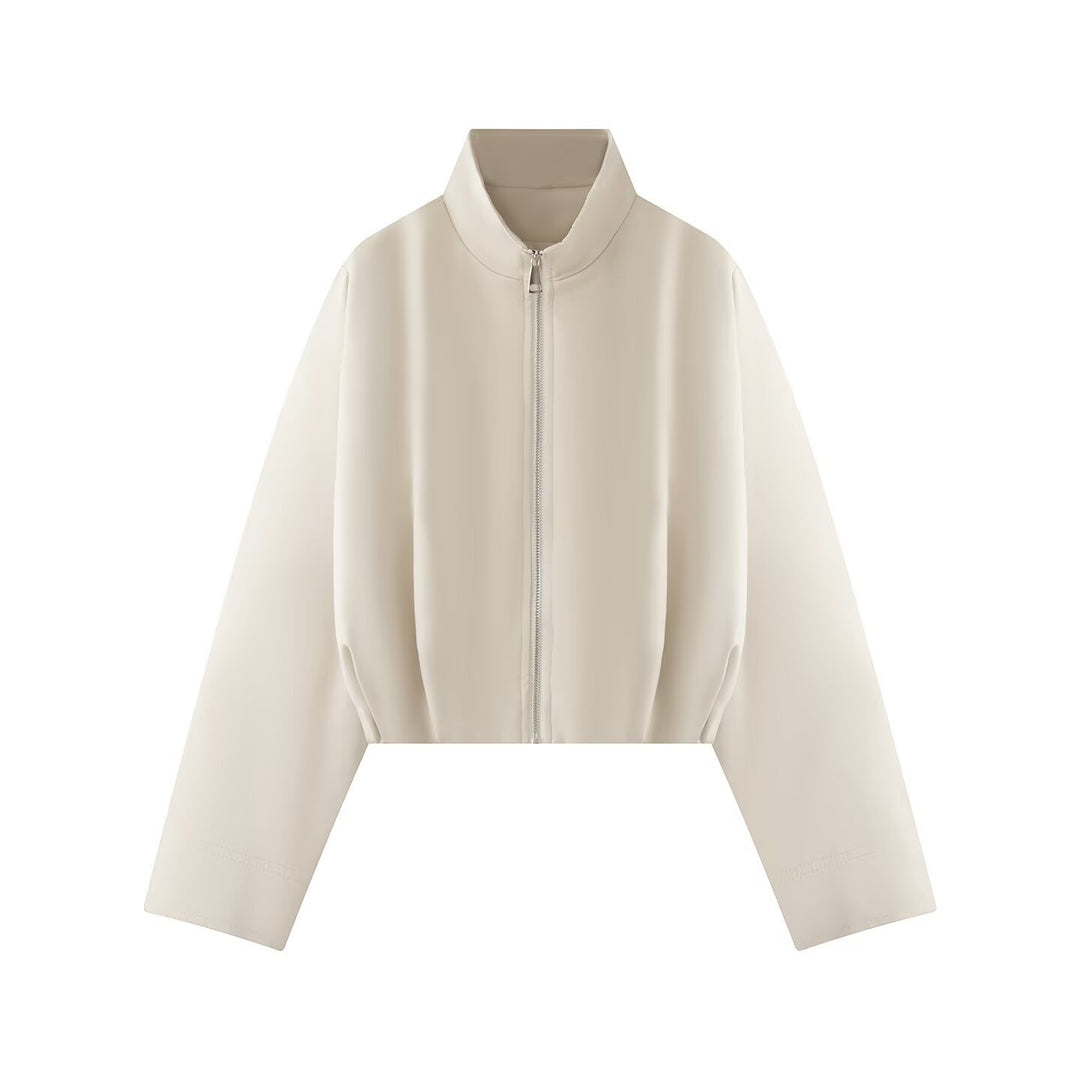 Women's Short Boxy Jacket with High Stand Collar, Full Zip and Oversized Sleeves Mune Fashion