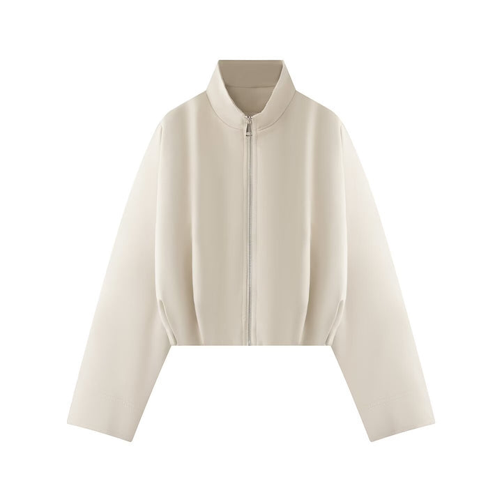 Women's Short Boxy Jacket with High Stand Collar, Full Zip and Oversized Sleeves Mune Fashion