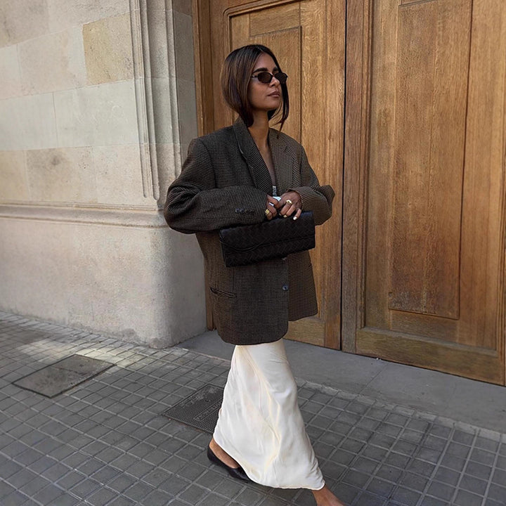 Women's Oversize Glencheck Long Blazer with boxy silhouette and structured shoulder