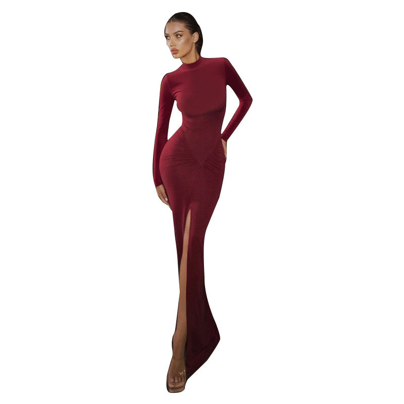 Women's Figure-Hugging Evening Maxi Dress with High Round Neck, Long Sleeves, Gathered Hip Area and Front Slit Mune Fashion