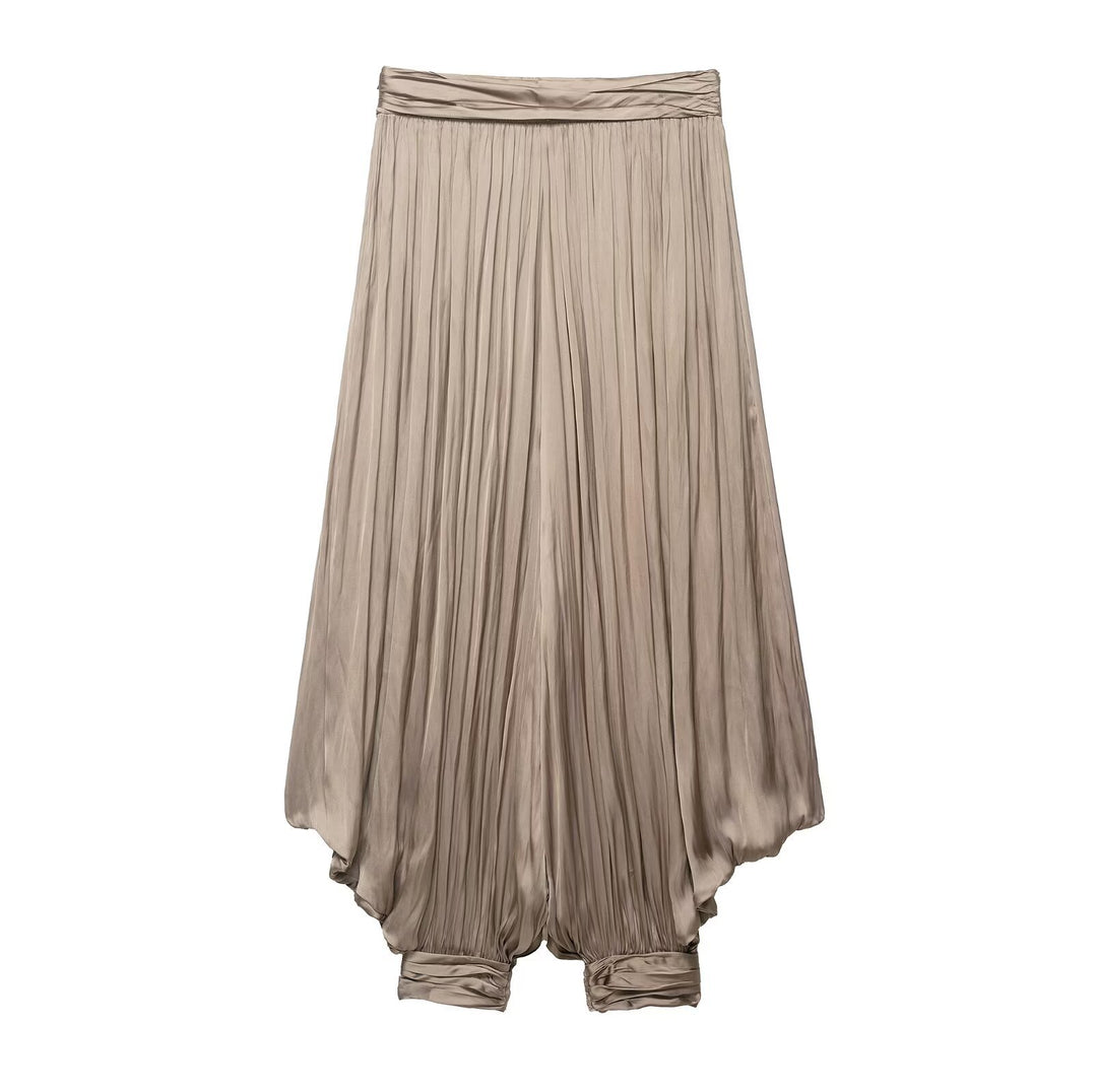 Women Pleated Satin Harem Skirt with Voluminous Silhouette and Gathered Cuffs Mune Fashion