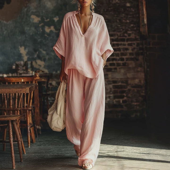 Women's casual two-piece linen-look set with deep V-neck, oversized blouse and wide palazzo pants Mune Fashion
