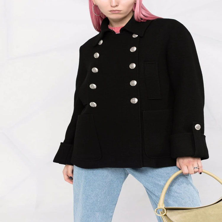 Women's Short Boxy Wool Blend Coat in Military Look with Decorative Round Buttons Mune Fashion