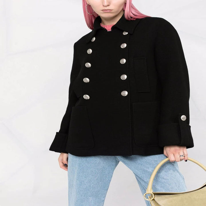 Women's Short Boxy Wool Blend Coat in Military Look with Decorative Round Buttons Mune Fashion