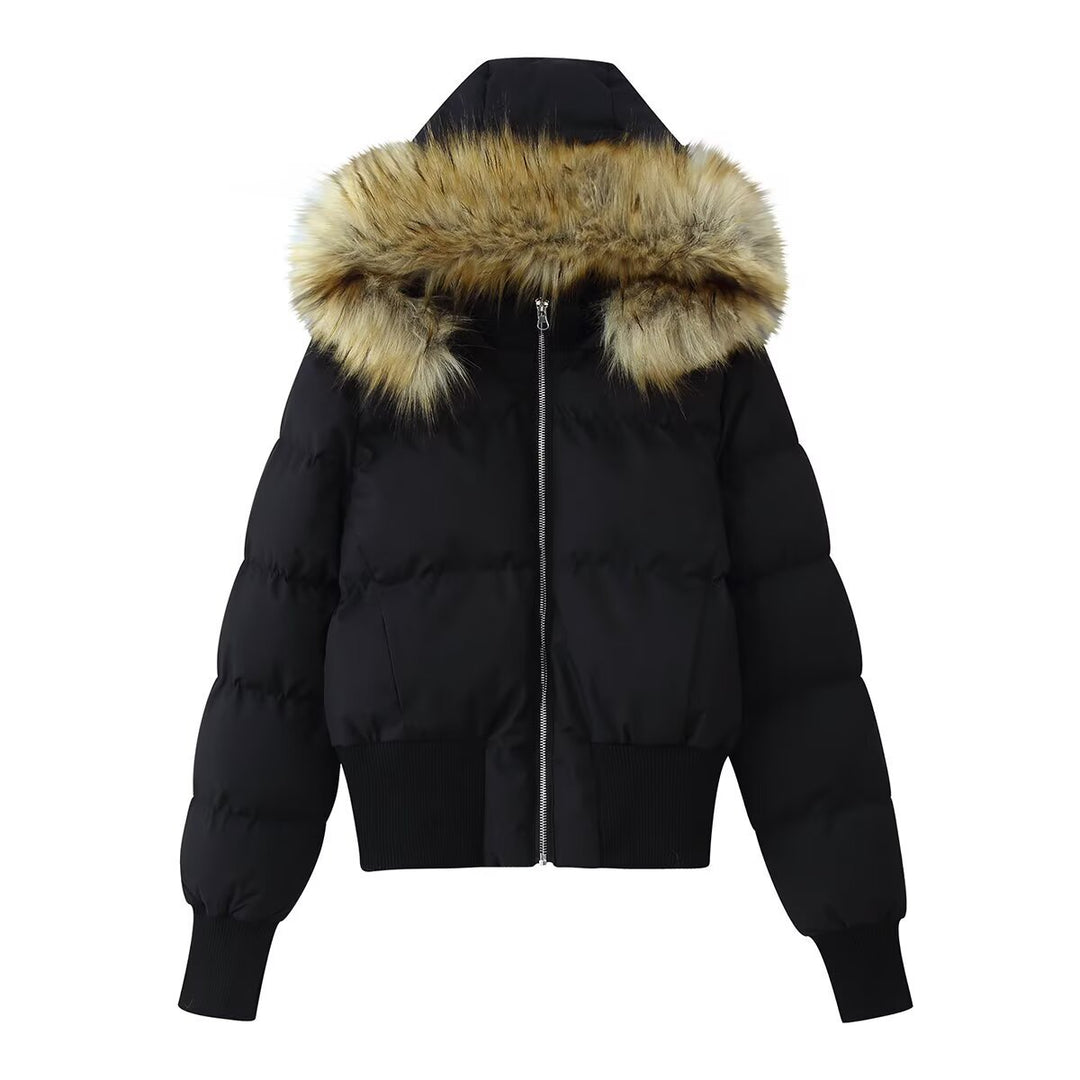 Women's Padded Cropped Bomber Jacket with Hood and Removable Faux Fur Trim Mune Fashion
