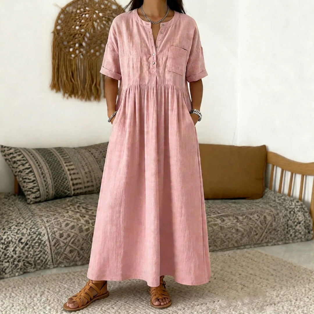 Women's Long Boho Maxi Dress with Henley Button Placket, Chest Pocket and Side Pockets Mune Fashion