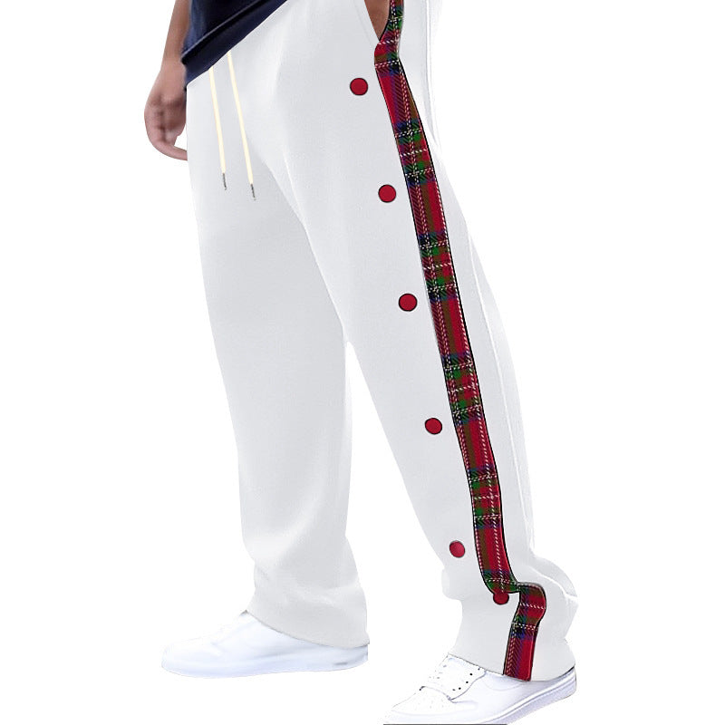 Men's casual jogging pants with checkered side piping, snap button placket, and ankle slits Mune Fashion