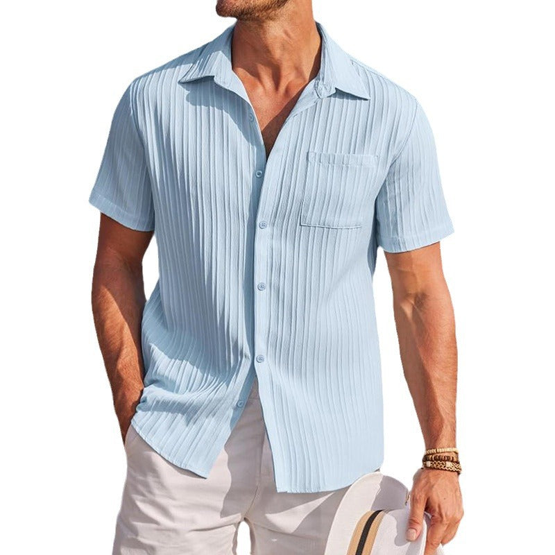 Men's short-sleeved seersucker shirt with chest pocket and fine stripe texture Mune Fashion