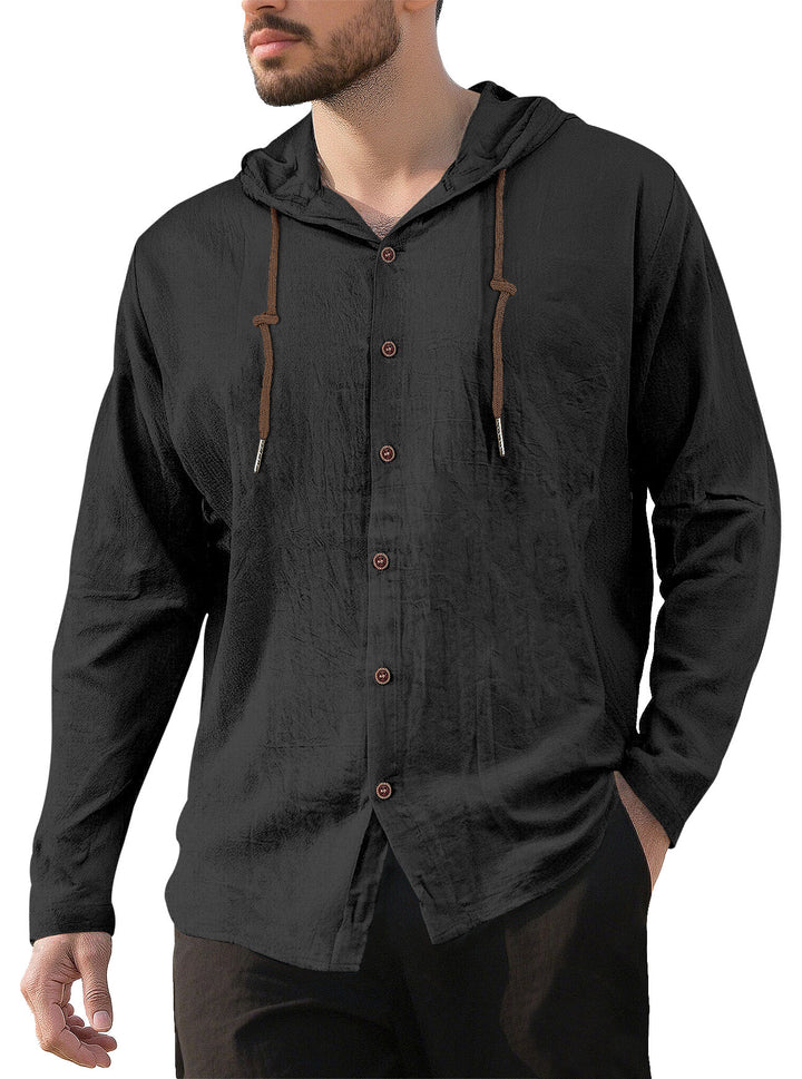 Men's textured linen blend hooded shirt with button placket, wood buttons, and side slits Mune Fashion