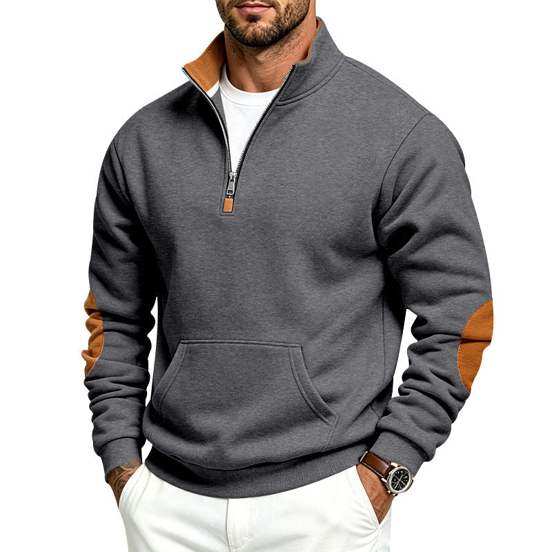 Men's Troyer sweater with half zip, kangaroo pocket, and elbow patches Mune Fashion