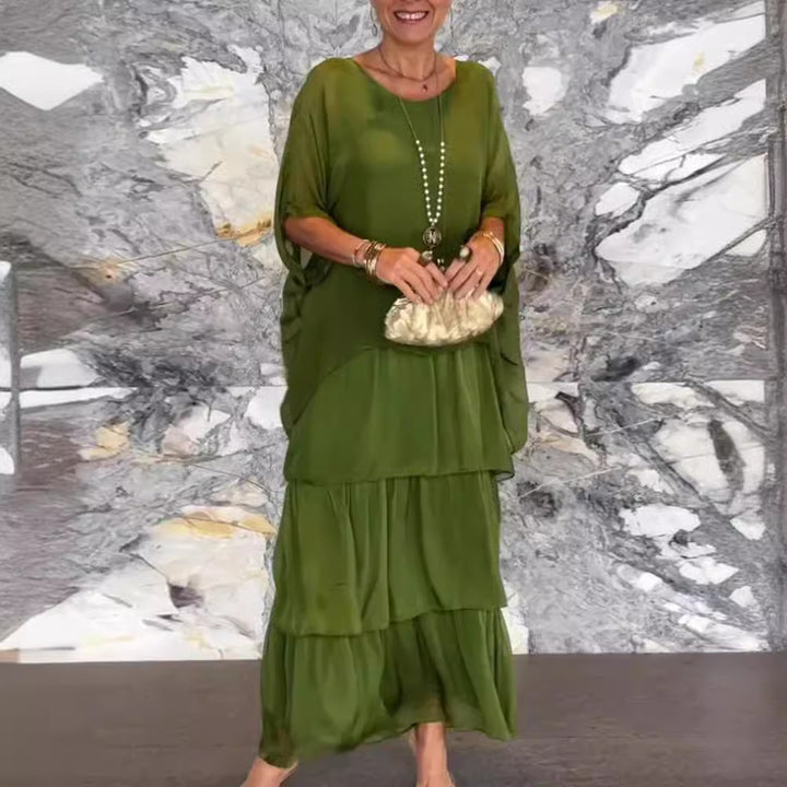 Women's ankle-length tiered dress with wide batwing sleeves and loose silhouette Mune Fashion