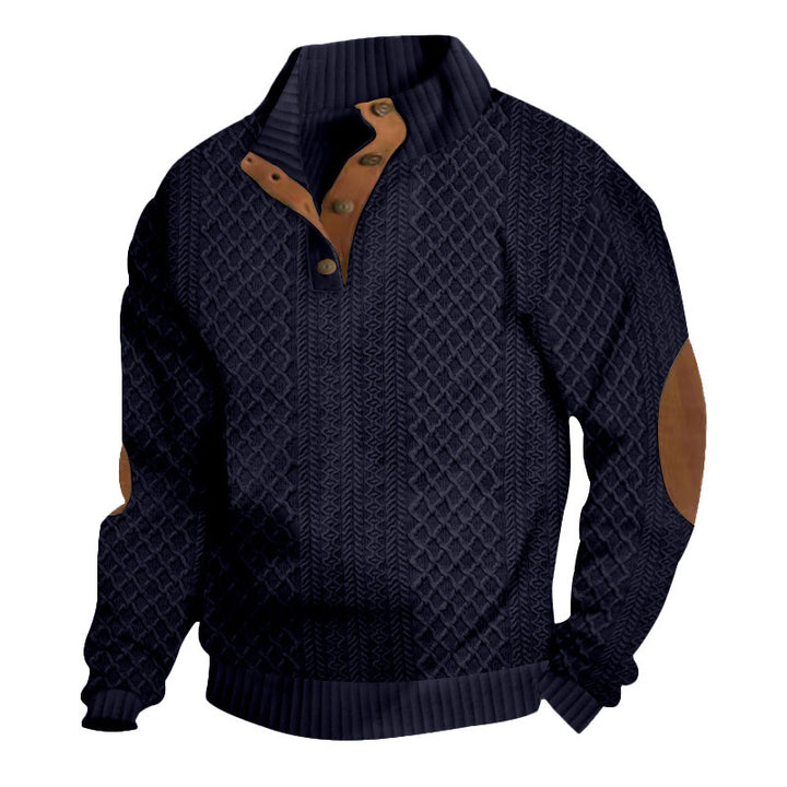 Men's upscale knit sweater with diamond pattern, high ribbed collar, buttoned placket, and leather trim on elbow. Mune Fashion