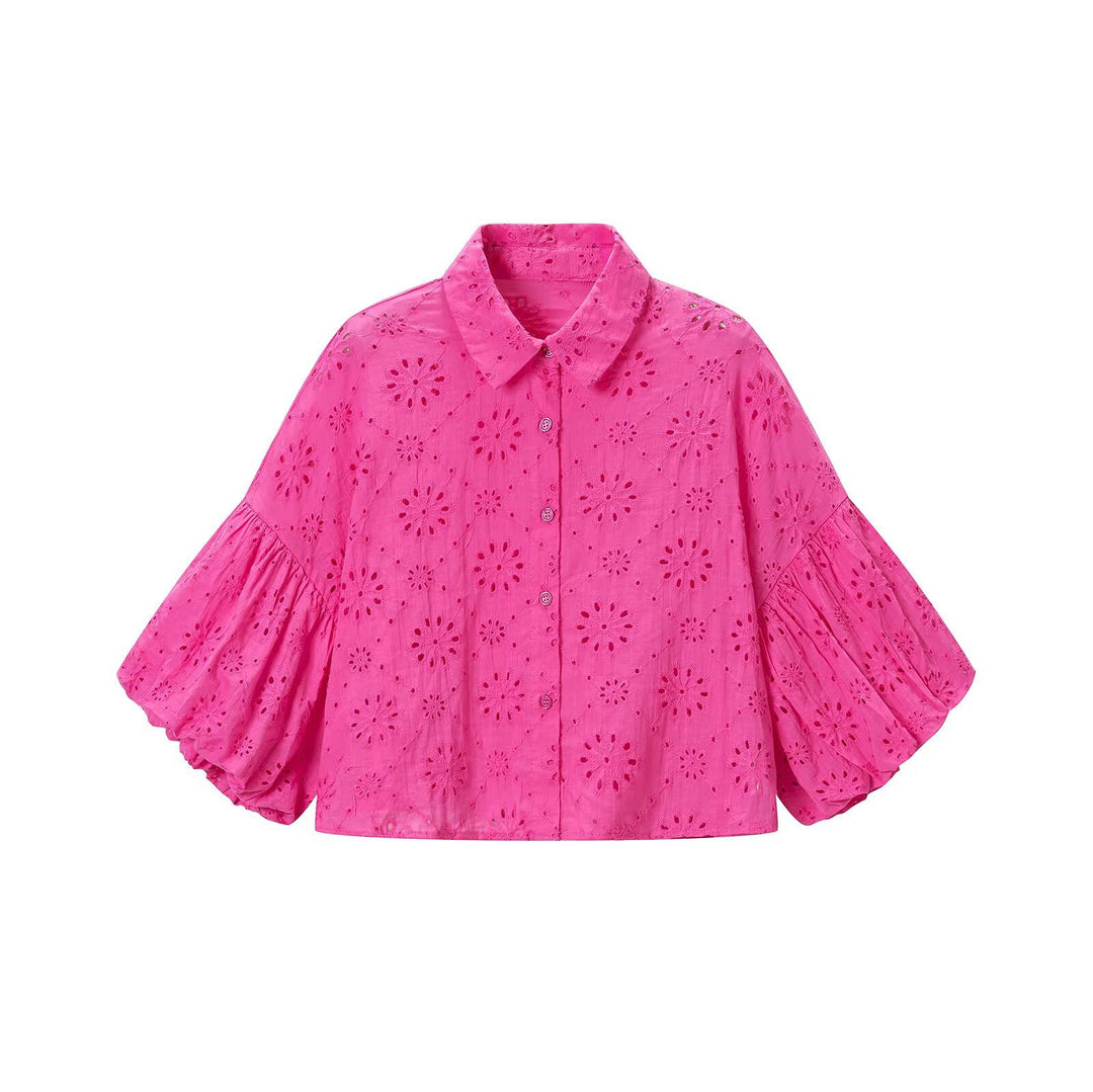 Women's Embroidered Blouse with Wide Flounce Sleeves and Shirt Collar Mune Fashion