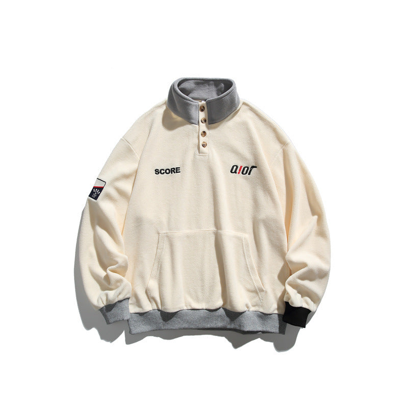 Unisex Fleece Half-Zip Pullover with Stand-Up Collar, Kangaroo Pocket and Contrast Cuffs Mune Fashion