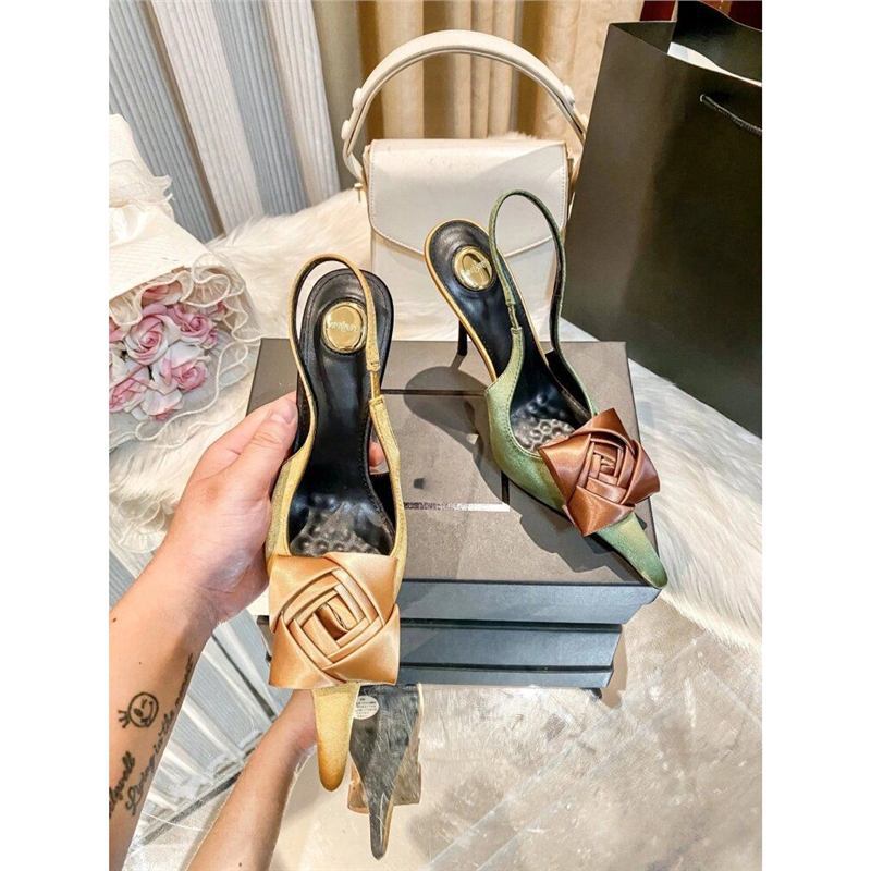 Women's lace Slingback stilettos with satin rose appliqué Mune Fashion
