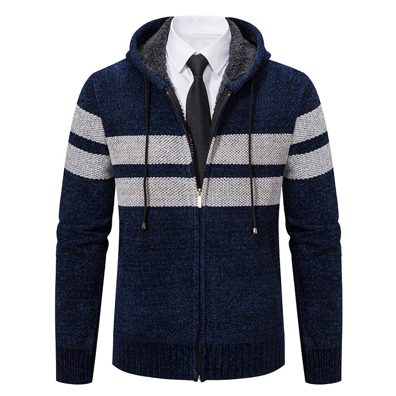 Men's knitted hoodie jacket with teddy lining, concealed zipper and contrast stripes Mune Fashion