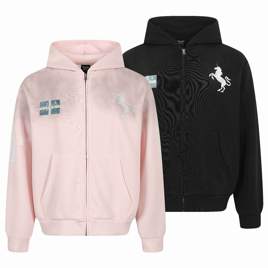 Women's zip hoodie with embroidered unicorn motif and music patch Mune Fashion