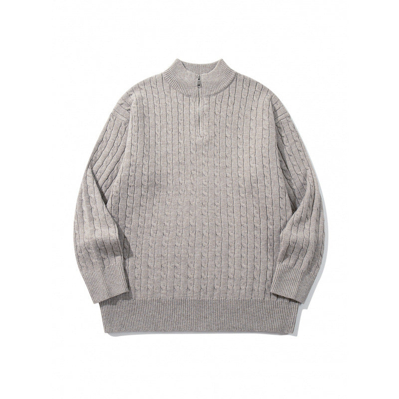 Unisex Oversize Braided Knit Half-Zip Sweater with Short Stand-Up Collar and Wide Ribbed Hem Mune Fashion