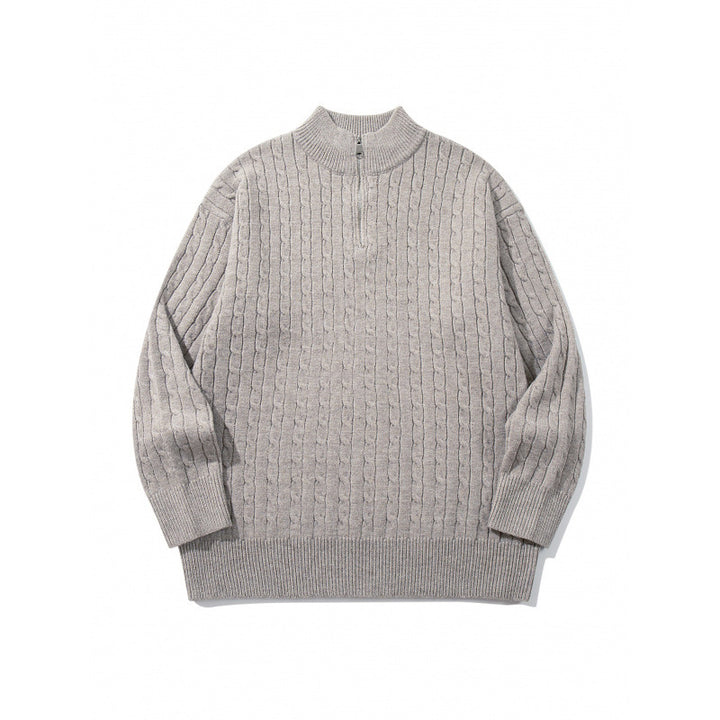 Unisex Oversize Braided Knit Half-Zip Sweater with Short Stand-Up Collar and Wide Ribbed Hem Mune Fashion