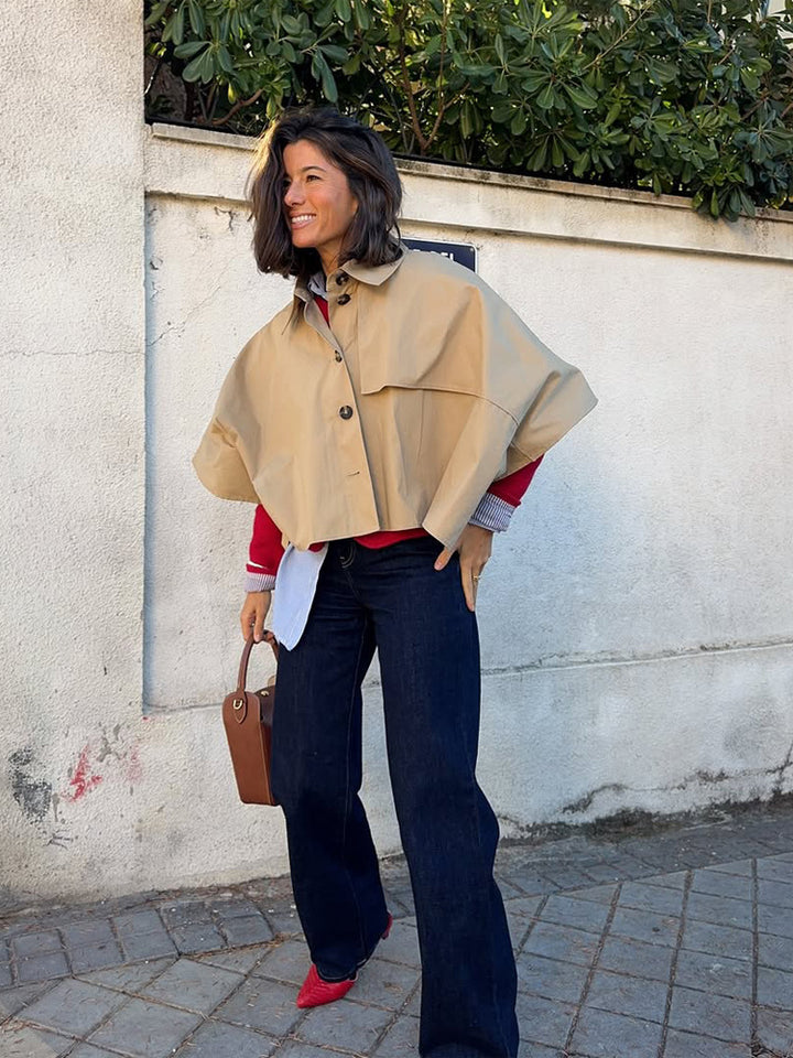 Women's short water-repellent cape jacket in trench style with wide lapel collar Mune Fashion