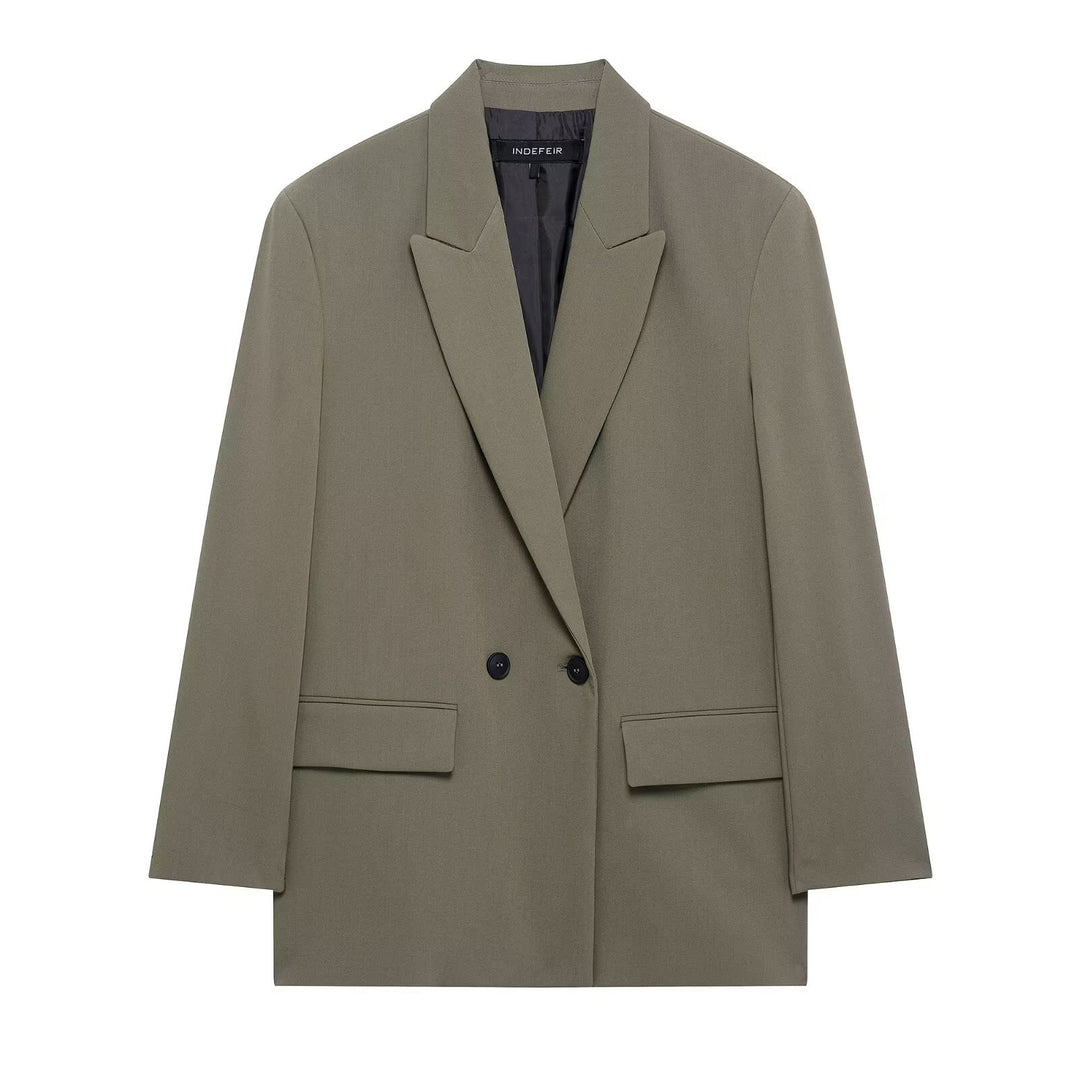 Women's Long Double-Breasted Blazer Coat with Oversized Cut and Flap Pockets Mune Fashion