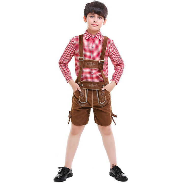 Unisex traditional children's leather trousers with adjustable straps and fine embroidery Mune Fashion