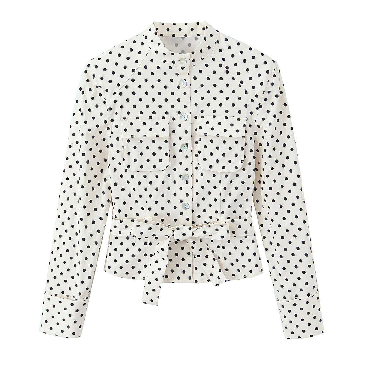 Women's blouse with stand-up collar, waist belt, and chest pockets Mune Fashion