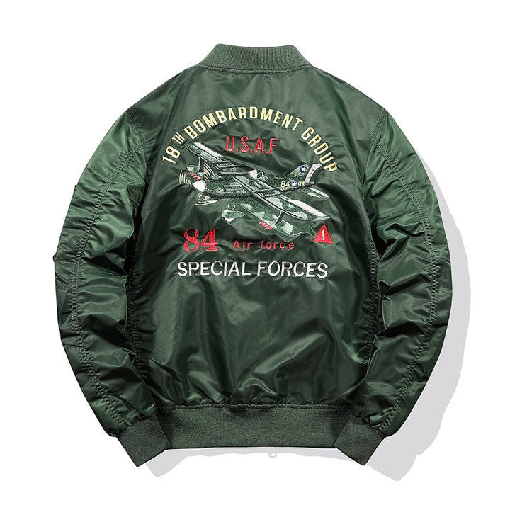 Men's bomber jacket with decorative patch applications, MA-1 inspired utility design Mune Fashion