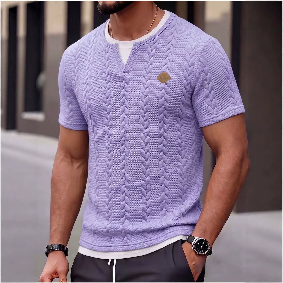 Men's textured short-sleeve shirt with embossed braid structure, V-insert at the round neck and layered look Mune Fashion