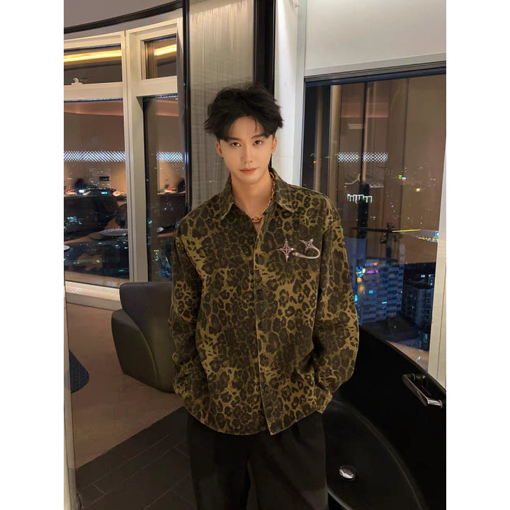 Men's Overshirt-Shirt Jacket in Leopard Print with Embroidered Chest Logo Mune Fashion