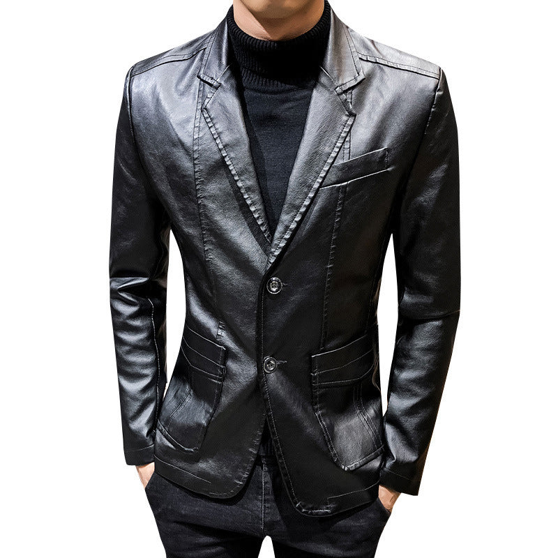 Men's Leather Blazer in Slim Fit with Notch Lapel and Two-Button Front Mune Fashion