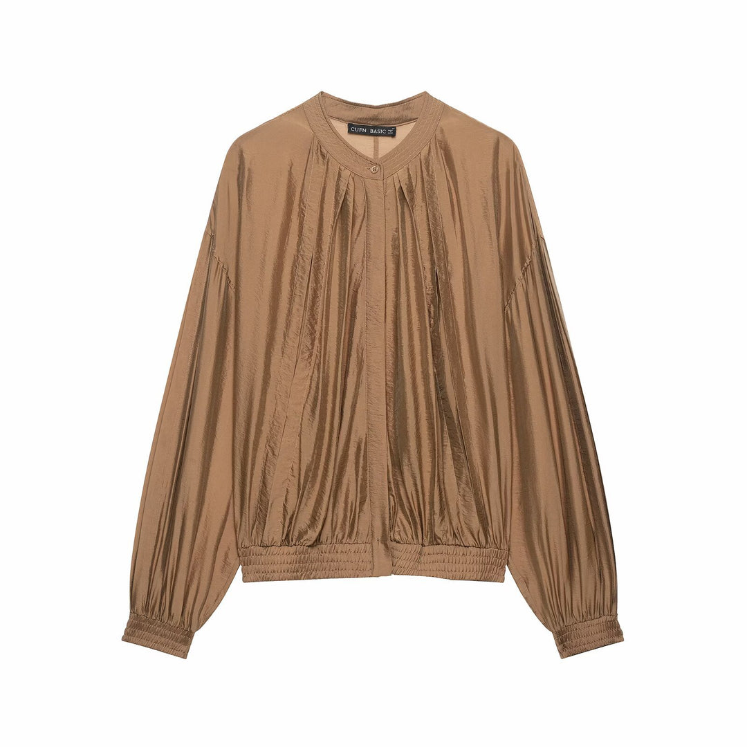 Women Pleated Blouson Top with Round Neckline, Balloon Sleeves and Smocked Hem Mune Fashion