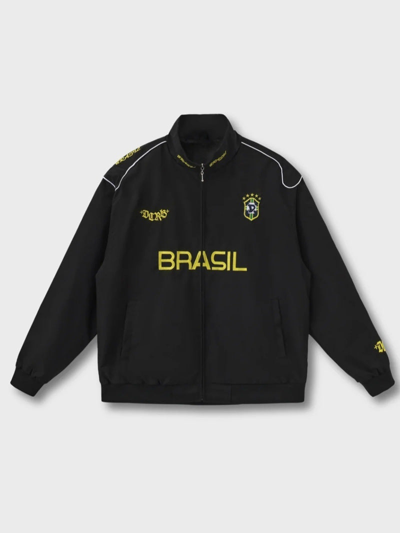 Unisex nan sporty retro training jacket with stand collar zipper chest emblem and Brazil lettering Mune Fashion