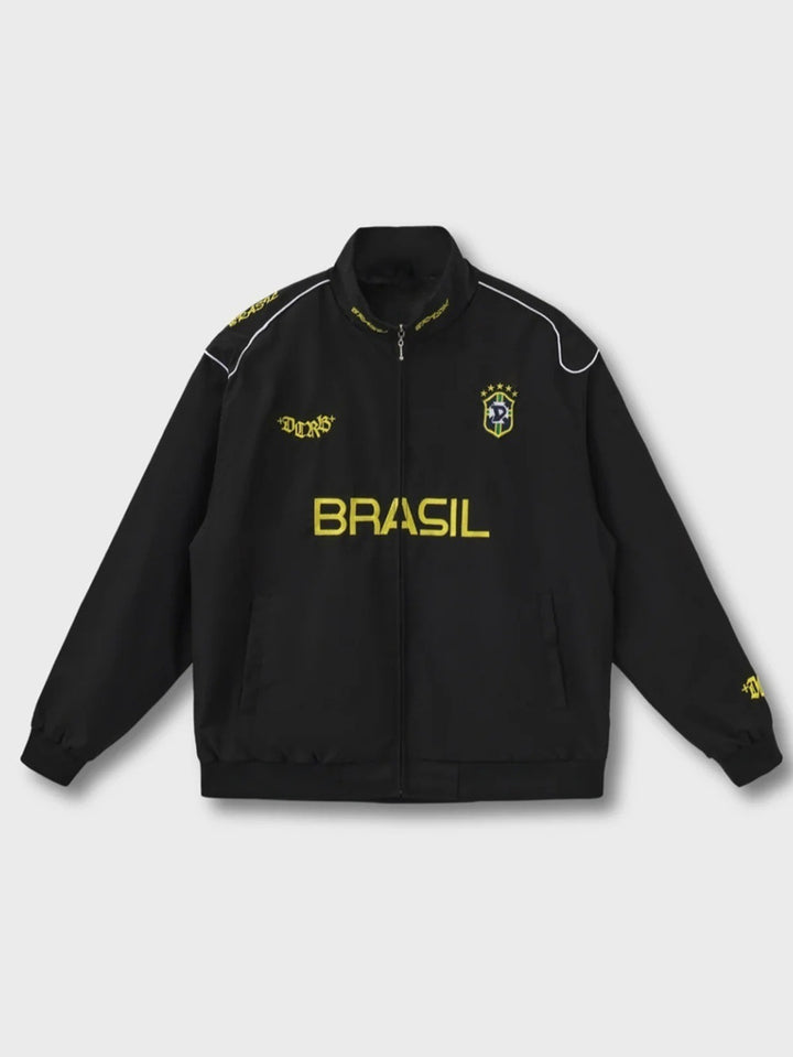 Unisex nan sporty retro training jacket with stand collar zipper chest emblem and Brazil lettering Mune Fashion