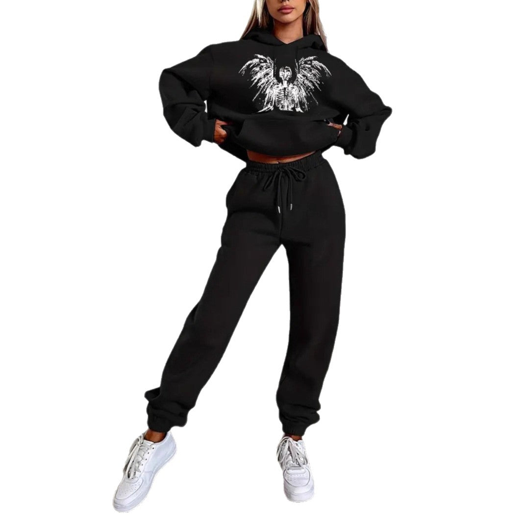 Women's two-piece lounge set hooded sweatshirt cropped and high-waist jogging pants with angel motif and elastic waistband Mune Fashion