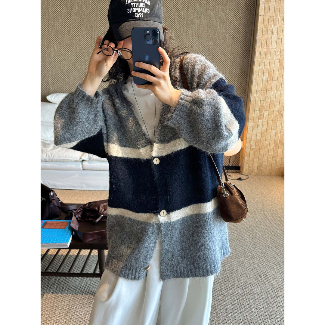 Women's Soft Oversized Knit Cardigan with V-Neck, Block Stripes and Button Placket Mune Fashion