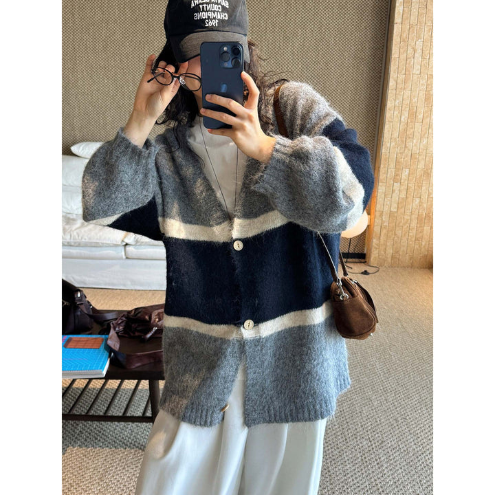 Women's Soft Oversized Knit Cardigan with V-Neck, Block Stripes and Button Placket Mune Fashion