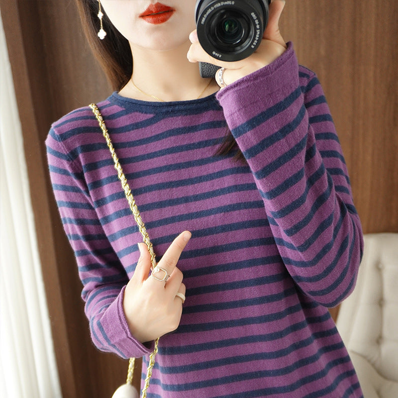 Women’s maritime inspired cotton fine-knit sweater with stripes and slightly boxy silhouette Mune Fashion