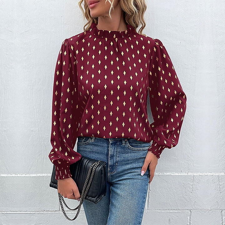 Women Elegant Blouse with Ruffles and Diamond Pattern Mune Fashion