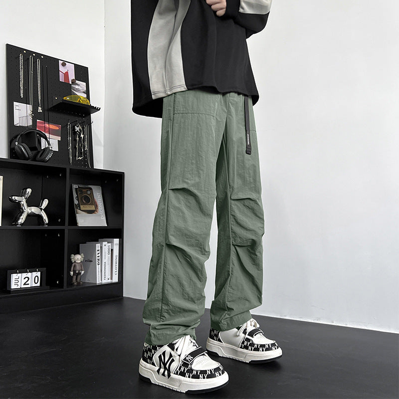 Men's Loose Fit Nylon Cargo Pants with Utility Webbing and Straight Leg Mune Fashion