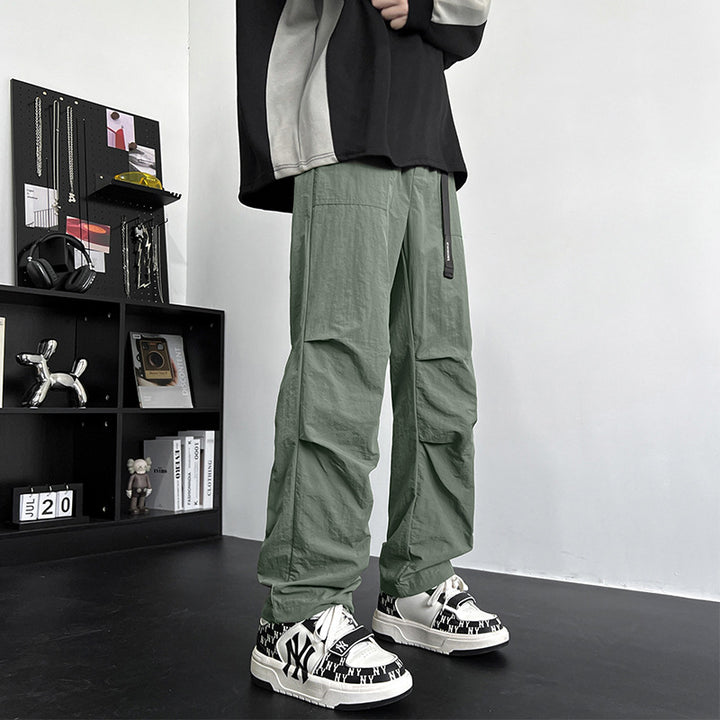 Men's Loose Fit Nylon Cargo Pants with Utility Webbing and Straight Leg Mune Fashion