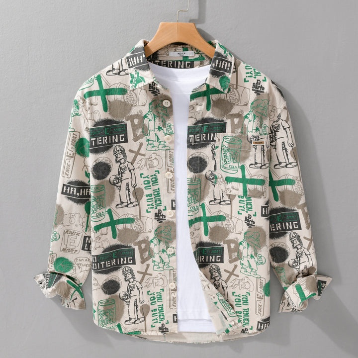 Men's Artistic Graphic Overshirt in Relaxed Layering with Allover Sketch Print and Soft-Touch Cotton Mix Mune Fashion