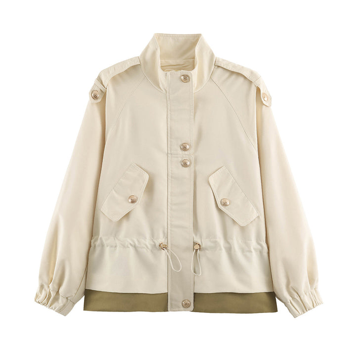 Women's 10+ Short Utility Jacket with Waist Gathering, Stand Collar, and Shoulder Epaulets Drune