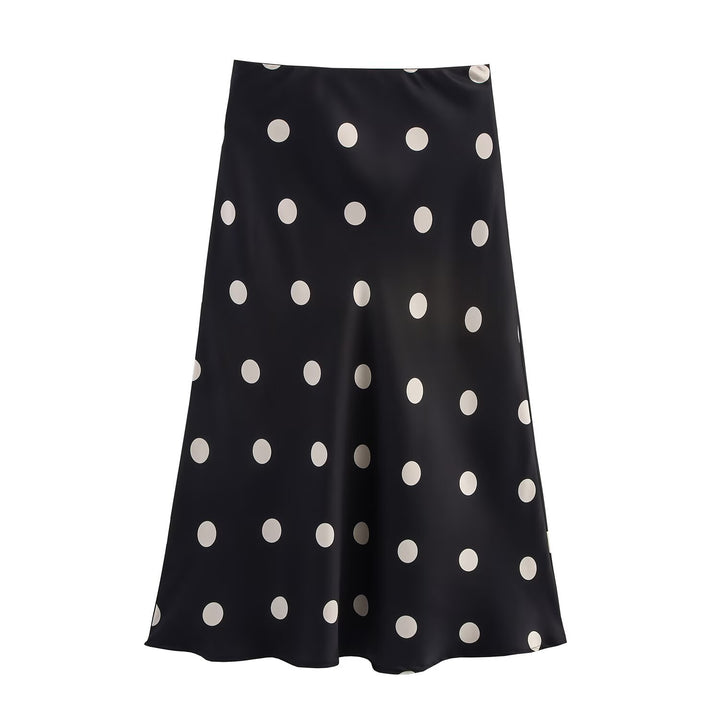 Women's A-line midi skirt made of satin with polka dot print and flowing silhouette Mune Fashion