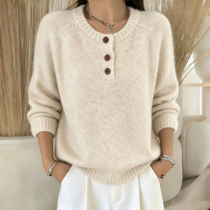 Women's Cozy Round Neck Henley Sweater with Button Placket and Raglan Sleeves Mune Fashion