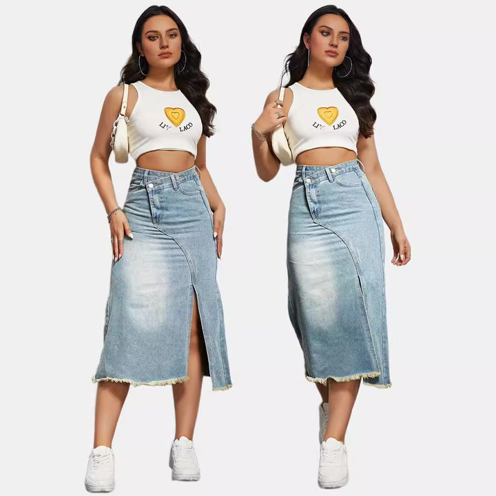 Women's asymmetrical high-waisted denim midi skirt with front slit and frayed hem Mune Fashion