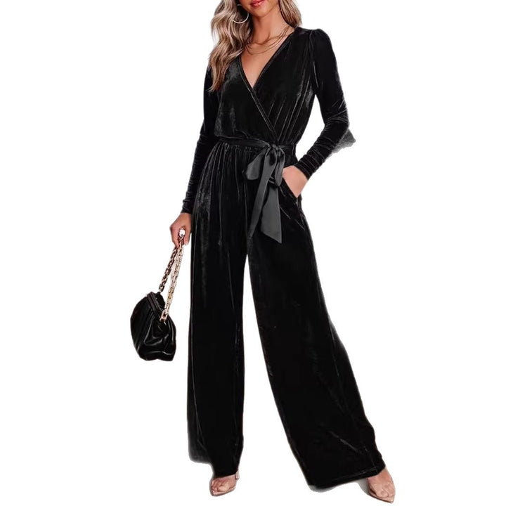 Women's Velvet Jumpsuit with Wrap V-Neck, Wide Leg and Waist Belt Drune